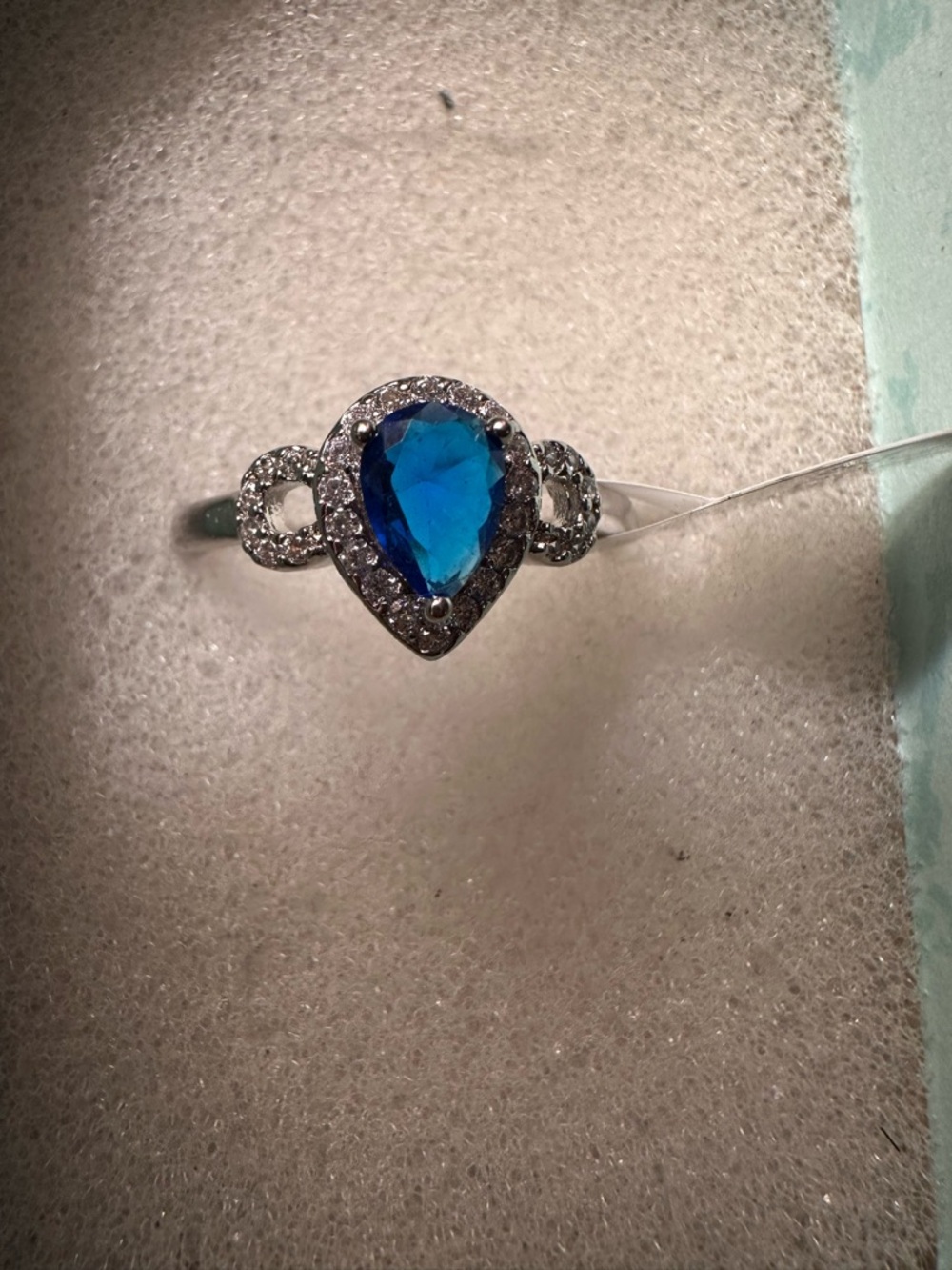 White Gold Blue  Teardrop Dainty  Halo Ring with Accent Diamonds - Women Jewelry